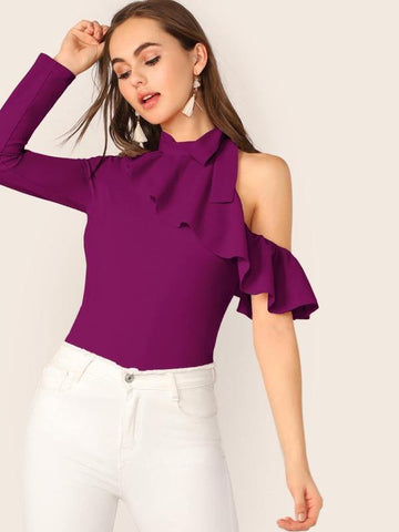 Cut Out Shoulder Knotted Ruffle Top - takostyle