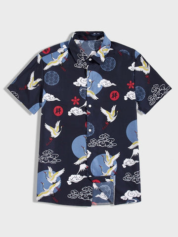 Men Crane And Graphic Print Button Up Shirt