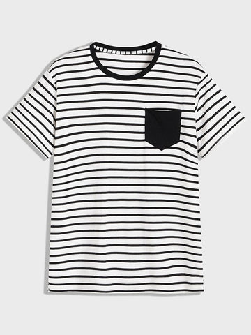 Men Striped Pocket Round Neck Tee