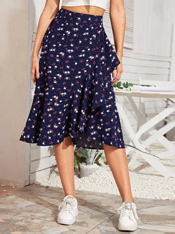 Ditsy Floral Asymmetric Ruffle Hem Skirt - takostyle