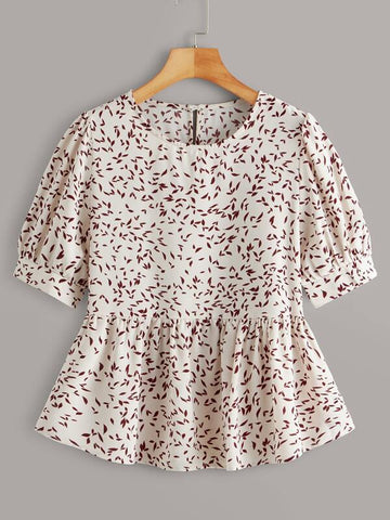 Puff Sleeve Allover Print Peplum Blouse - takostyle