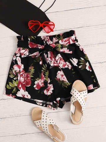 Paperbag Waist Floral Print Shorts - takostyle