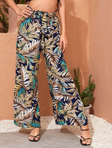 Paperbag Waist Wide Leg Tropical Print Pants - takostyle