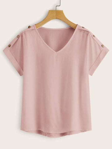 V-neck Button Detail High Low Blouse - takostyle