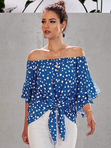 Polka Dot Off Shoulder Knot Hem Blouse - takostyle