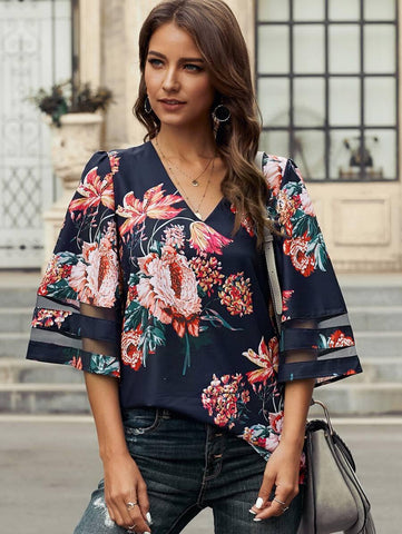 Mesh Panel V-neck Floral Print Blouse - takostyle