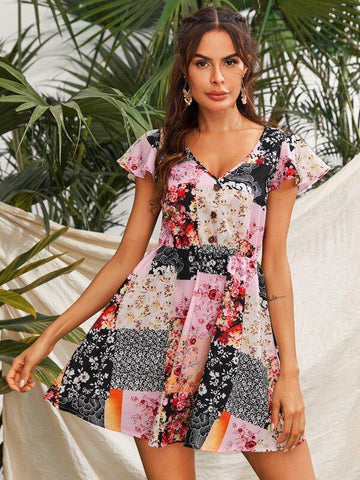 Flutter Sleeve Buttoned Front Patchwork Print Dress - takostyle