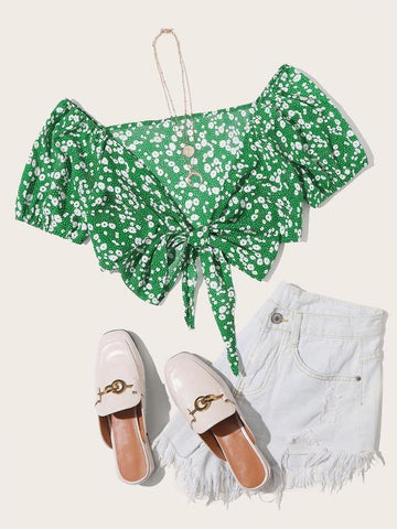 Ditsy Floral Polka Dot Tie Front Top - takostyle