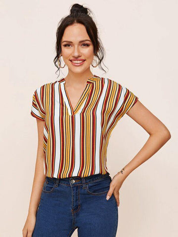 Notch Neck Striped Top - takostyle