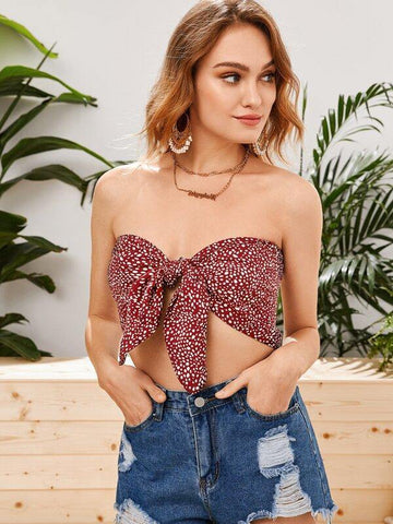 Allover Print Tie Front Tube Top - takostyle