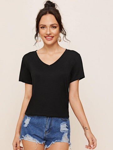 V Neck Solid Tee - takostyle