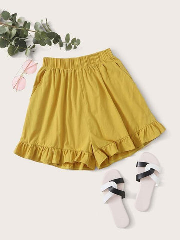 Ruffle Hem Elastic Waist Shorts - takostyle