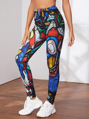 Elastic Waist Figure Graphic Leggings - takostyle