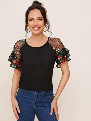 Embroidered Detail Dobby Mesh Layered Sleeve Top - takostyle