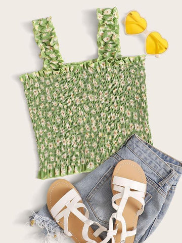 Daisy Floral Frill Trim Shirred Cami Top - takostyle