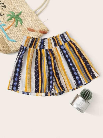 Geo &amp; Tribal Print Elastic Waist Shorts - takostyle