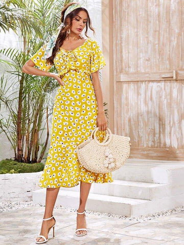 Sweetheart Raglan Sleeve Frilled Trim Floral Dress - takostyle