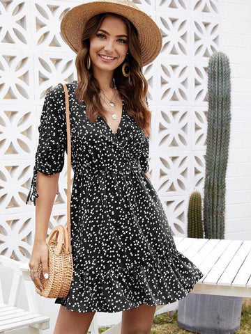 Knotted Cuff Surplice Neck Ruffle Heart Dress - takostyle