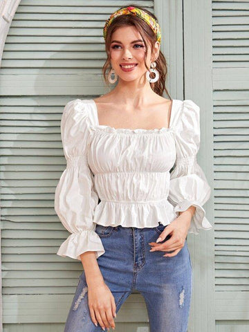 Square Neck Puff Sleeve Peplum Blouse - takostyle