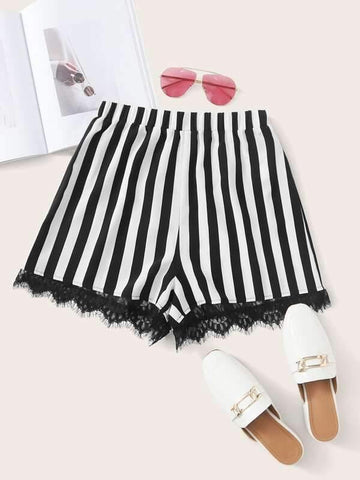 Eyelash Lace Hem Striped Shorts - takostyle