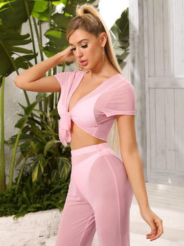 Tie Front Sheer Mesh Top Without Bra - takostyle