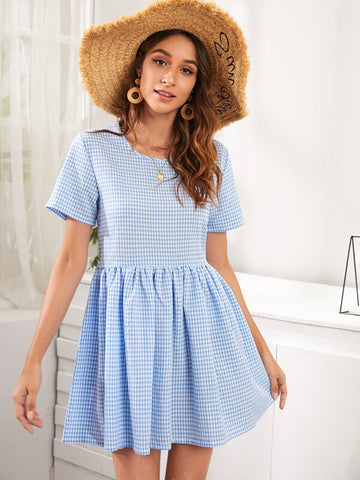 Gingham Short Sleeve Mini Babydoll Dress