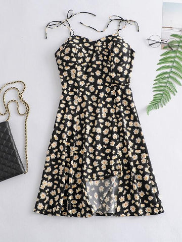 Tie Shoulder Split Hem Daisy Cami Dress - takostyle