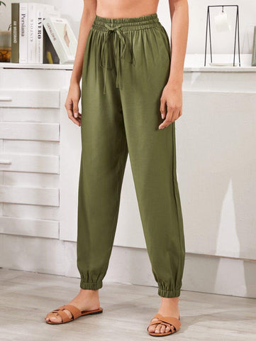 Drawstring Waist Solid Carrot Pants - takostyle