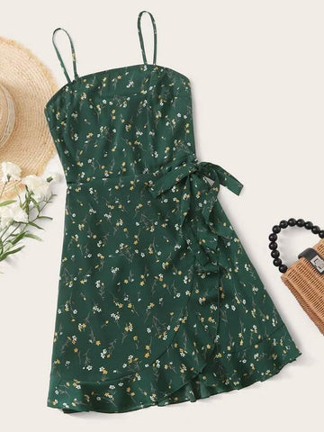 Shirred Back Wrap Knot Ruffle Hem Ditsy Floral Cami Dress - takostyle