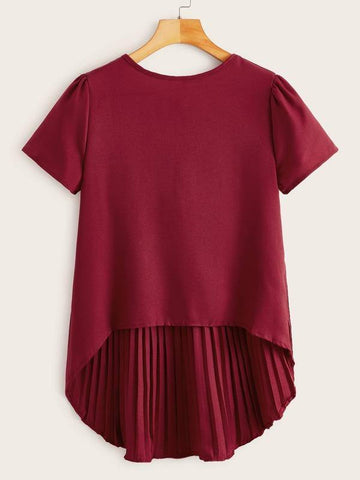 Solid Pleated High Low Hem Blouse - takostyle