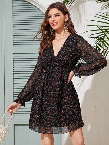 Ditsy Floral Sheer Sleeve Dress - takostyle