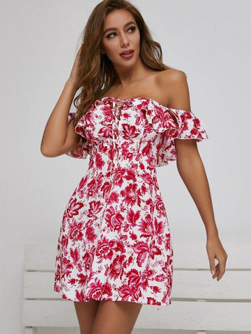 SBetro Lace Up Front Ruffle Floral Dress - takostyle