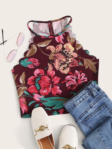 Scallop Edge Floral Halter Top - takostyle