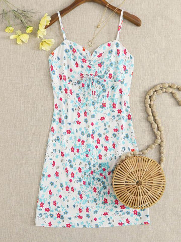 Allover Floral Print Drawstring Front Cami Dress - takostyle