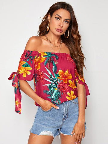 Tropical & Floral Print Off Shoulder Top - takostyle