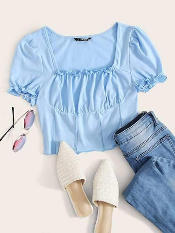 Puff Sleeve Frill Trim Milkmaid Top - takostyle