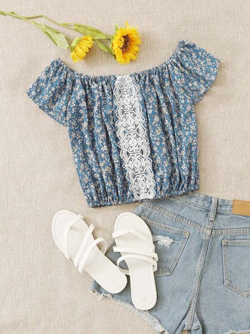 Ditsy Floral Lace Panel Bardot Blouse - takostyle