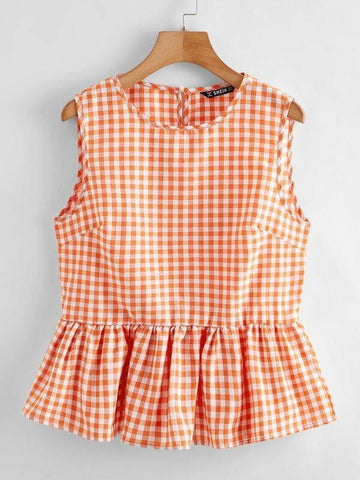 Keyhole Back Gingham Peplum Top - takostyle