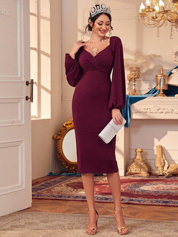 Surplice Neck Lantern Sleeve Split Hem Dress - takostyle