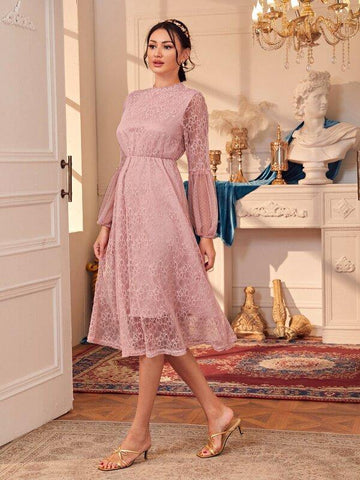 Dobby Dot Lantern Sleeve Lace Overlay Dress - takostyle