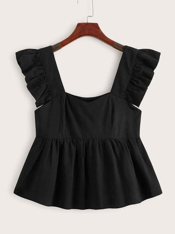 Solid Ruffle Strap Peplum Top - takostyle