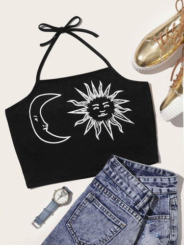 Sun & Moon Print Halter Top - takostyle