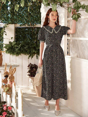 Ditsy Floral Peter Pan Collar Belted Dress - takostyle