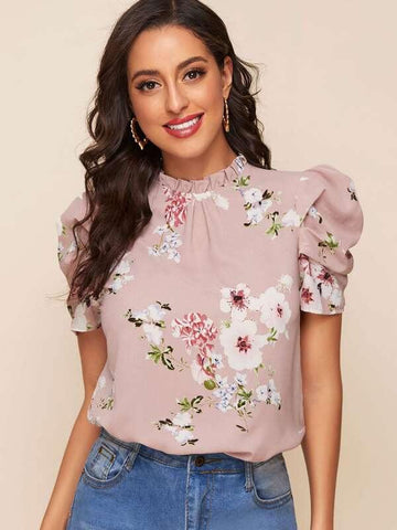 Frilled Neck Puff Sleeve Floral Top - takostyle