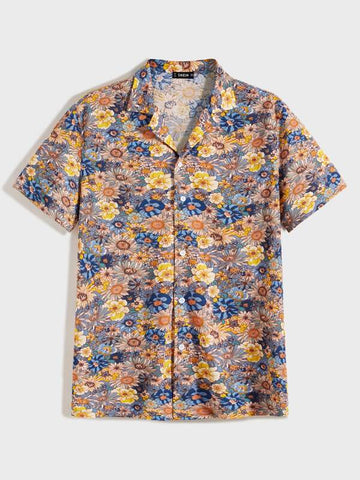 Men Notched Collar Allover Floral Print Shirt
