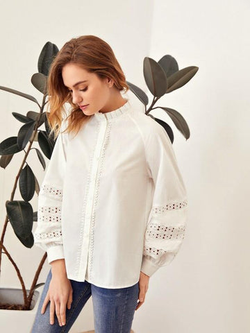 Ruffle Neck Raglan Sleeve Buttoned Front Guipure Lace Insert Blouse - takostyle