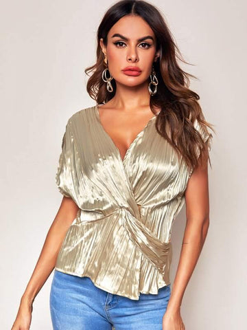 Pleated Twist Front Satin Blouse - takostyle