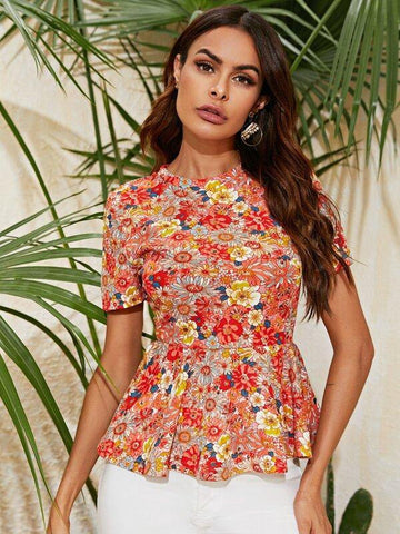 Floral Print Peplum Top - takostyle
