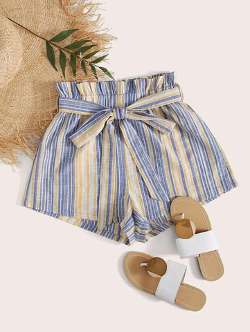 Paperbag Waist Belted Striped Shorts - takostyle