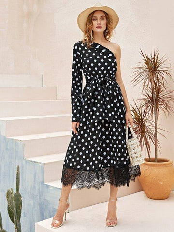 One Shoulder Lace Hem Belted Polka Dot Dress - takostyle